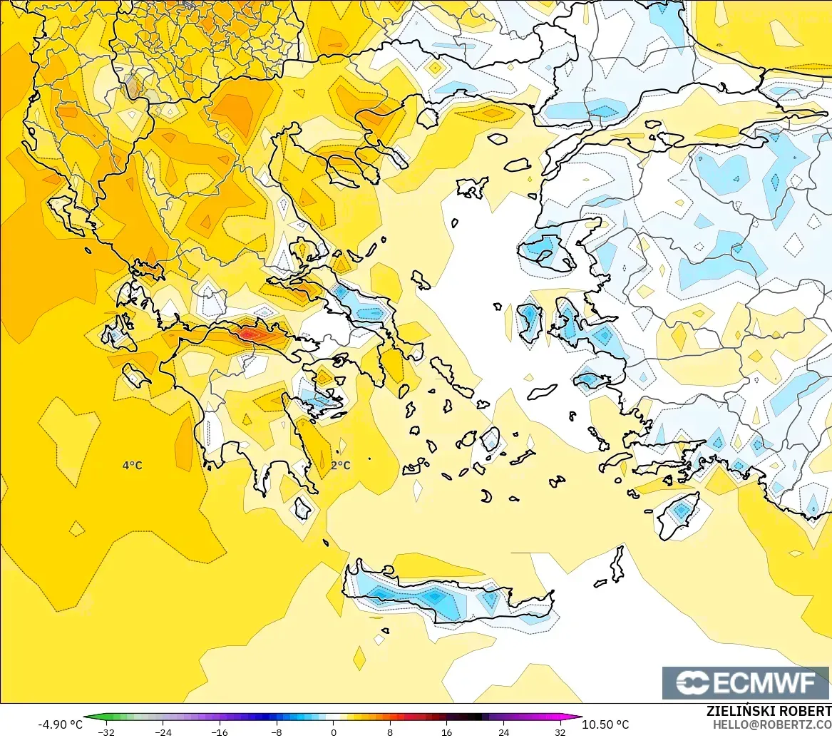 ECMWF IFS 0,25° modelo - Grécia, Anomalia de temperatura a 2 m