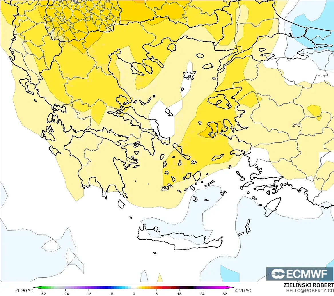 ECMWF IFS 0,25° modelo - Grécia, Anomalia de temperatura a 850 hPa