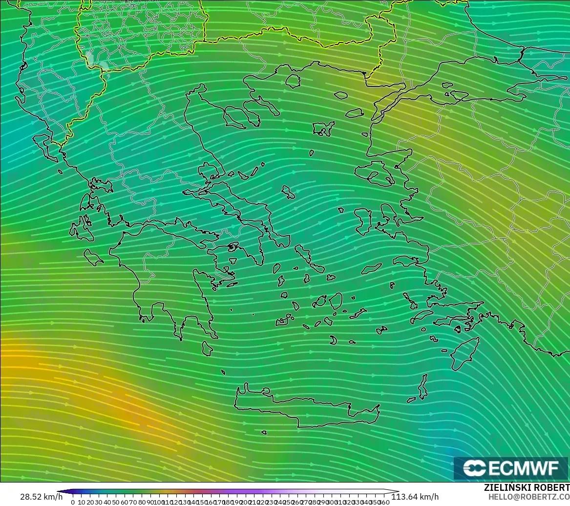 ECMWF IFS 0,25° modelo - Grécia, Vento a 300 hPa (corrente em jato)