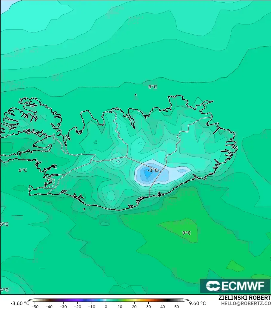 ECMWF IFS 0,25° modelo - Islândia, Ponto de orvalho a 2 m