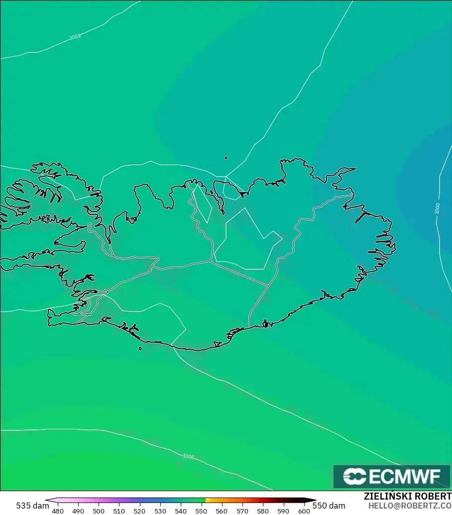 ECMWF IFS 0,25° modelo - Islândia, Altura geopotencial a 500 hPa
