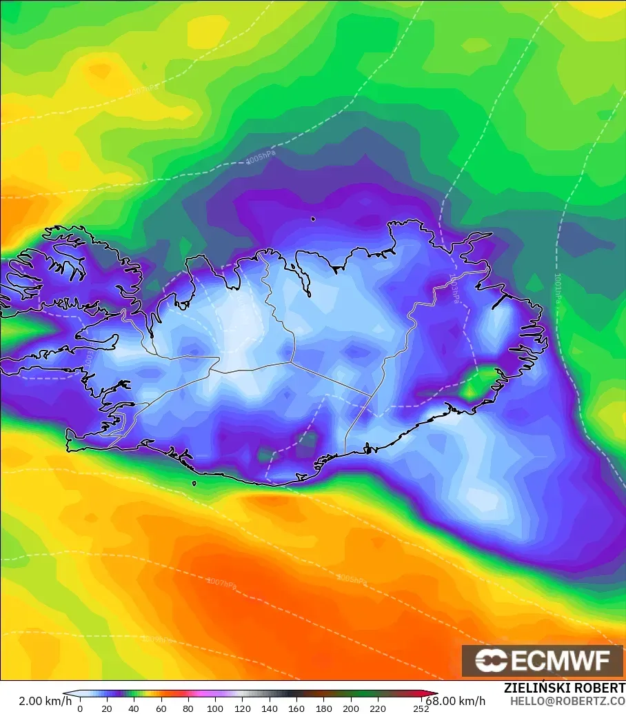 ECMWF IFS 0,25° modelo - Islândia, Rajadas de vento