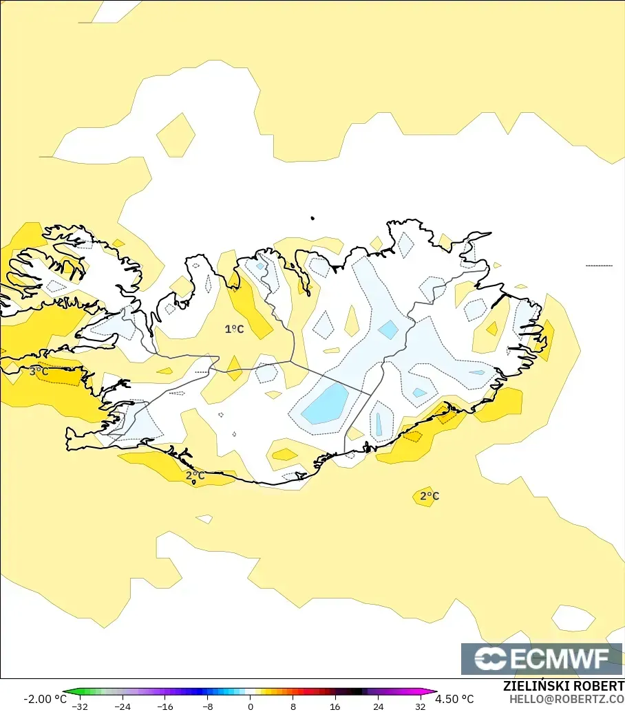 ECMWF IFS 0,25° modelo - Islândia, Anomalia de temperatura a 2 m