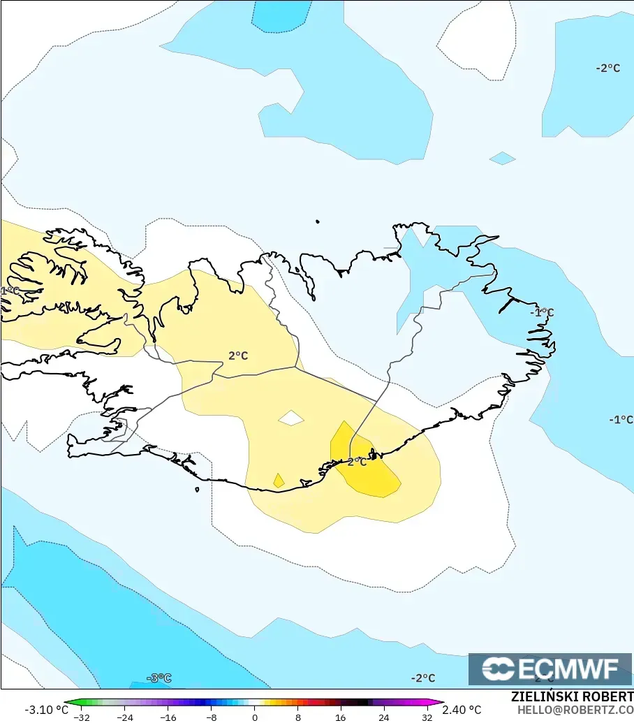 ECMWF IFS 0,25° modelo - Islândia, Anomalia de temperatura a 850 hPa