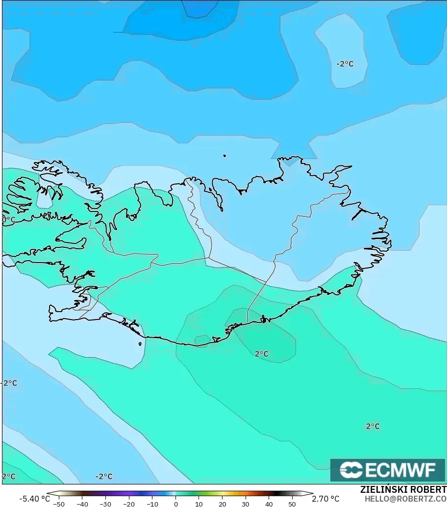 ECMWF IFS 0,25° modelo - Islândia, Temperatura a 850 hPa