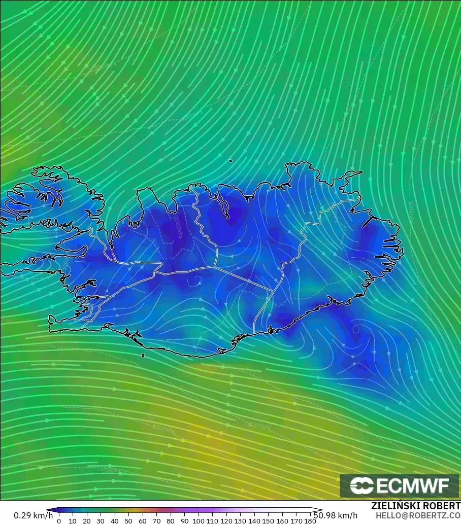 ECMWF IFS 0,25° modelo - Islândia, Vento a 10 m