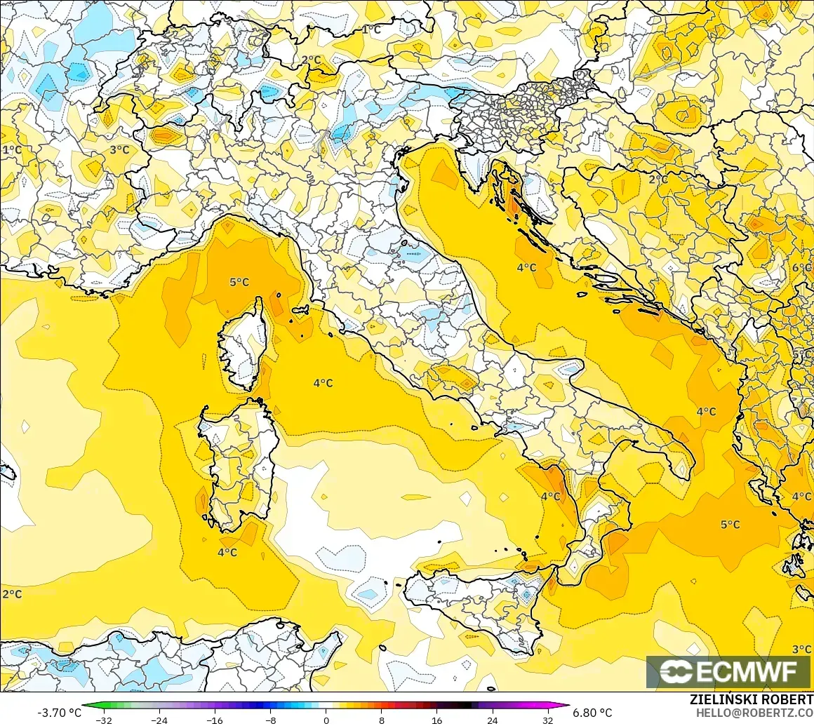 ECMWF IFS 0,25° modelo - Itália, Anomalia de temperatura a 2 m