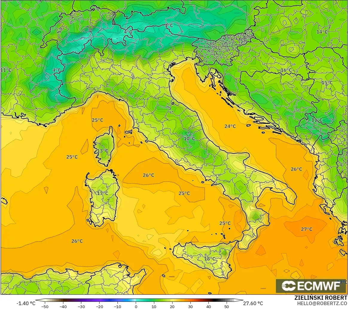 ECMWF IFS 0,25° modelo - Itália, Temperatura a 2 m