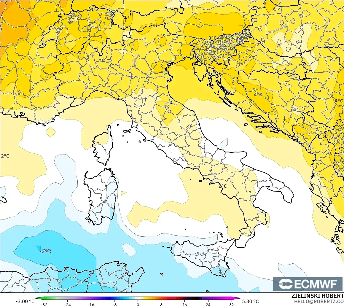 ECMWF IFS 0,25° modelo - Itália, Anomalia de temperatura a 850 hPa