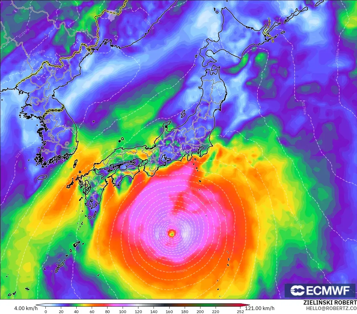 ECMWF IFS 0,25° modelo - Japão, Rajadas de vento