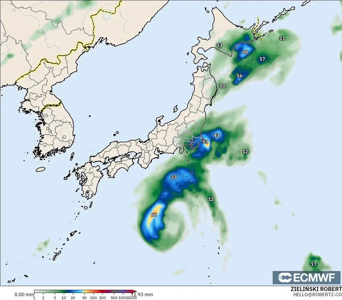 ECMWF IFS 0,25° modelo - Japão, Acúmulo de precipitação