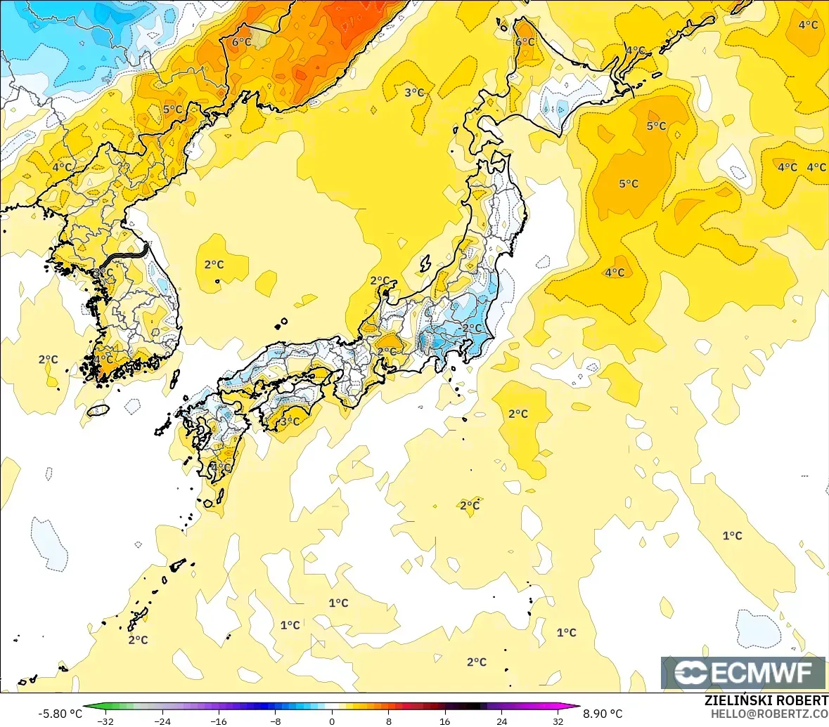 ECMWF IFS 0,25° modelo - Japão, Anomalia de temperatura a 2 m