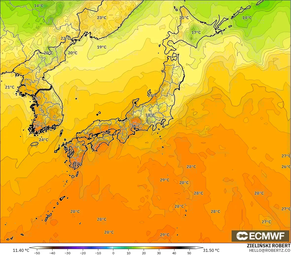 ECMWF IFS 0,25° modelo - Japão, Temperatura a 2 m