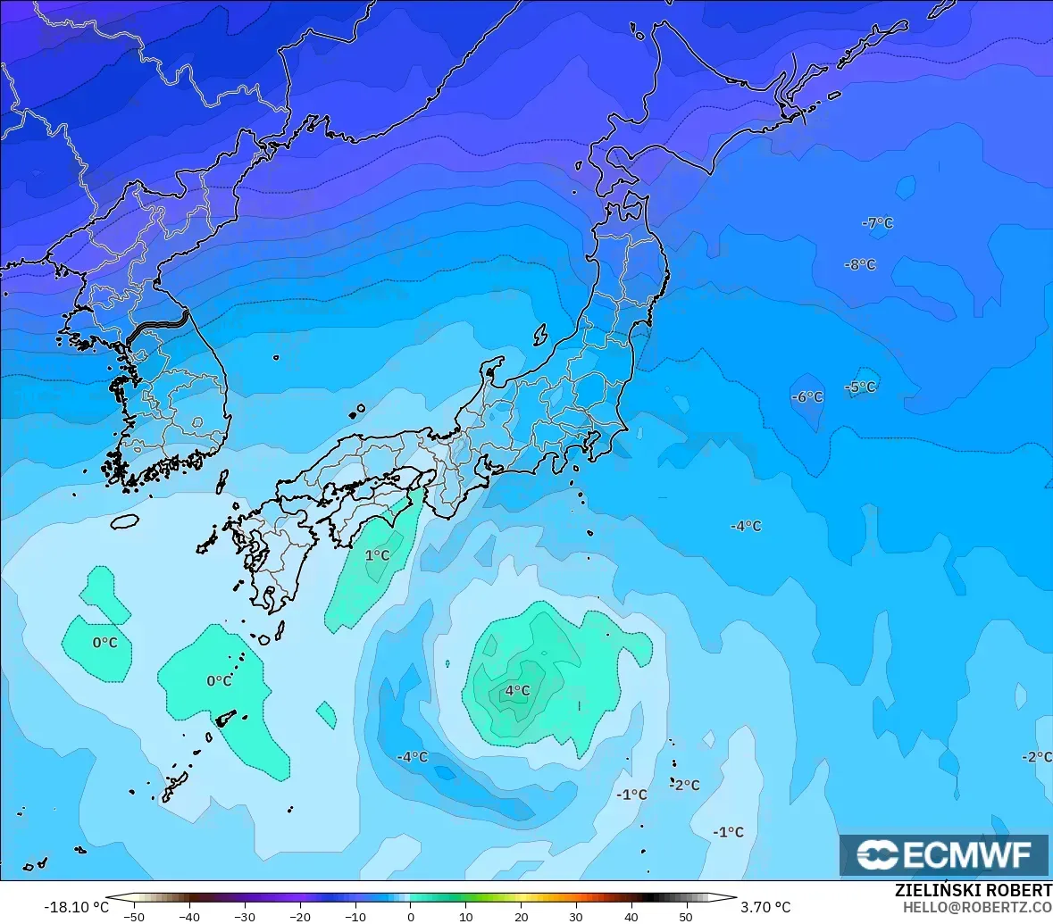 ECMWF IFS 0,25° modelo - Japão, Temperatura a 500 hPa
