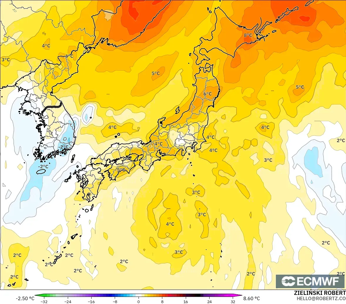 ECMWF IFS 0,25° modelo - Japão, Anomalia de temperatura a 850 hPa