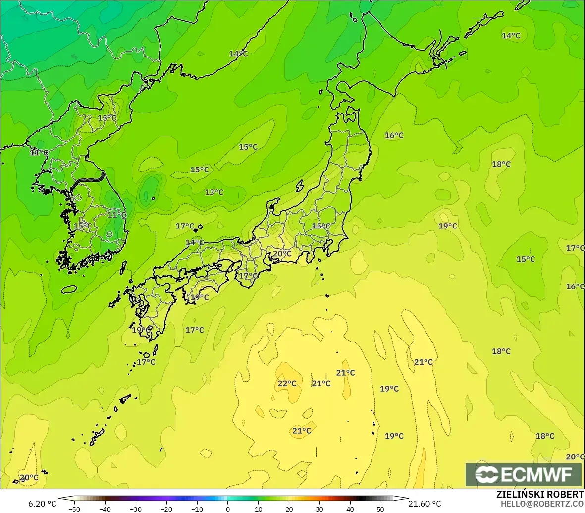 ECMWF IFS 0,25° modelo - Japão, Temperatura a 850 hPa