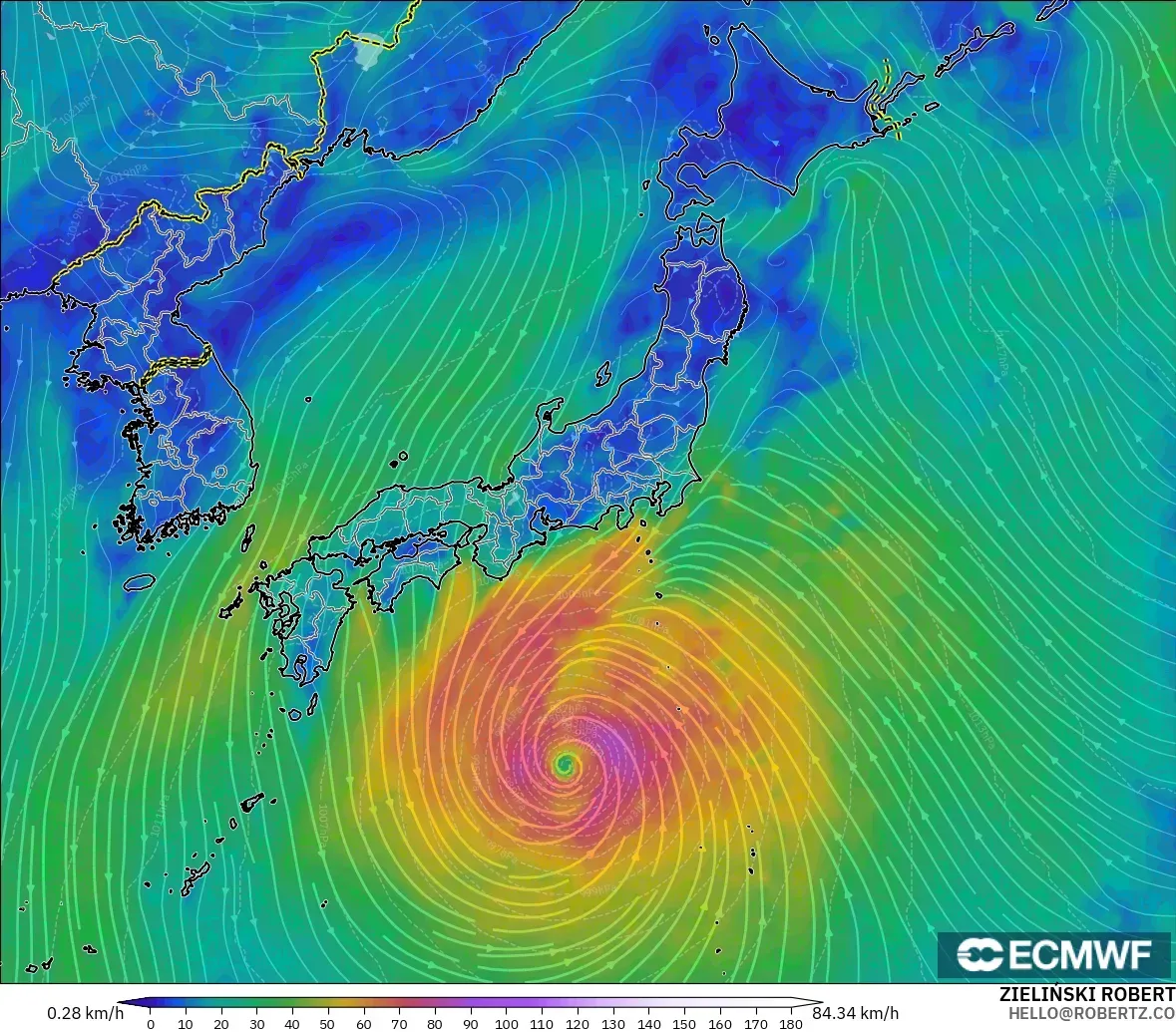 ECMWF IFS 0,25° modelo - Japão, Vento a 10 m