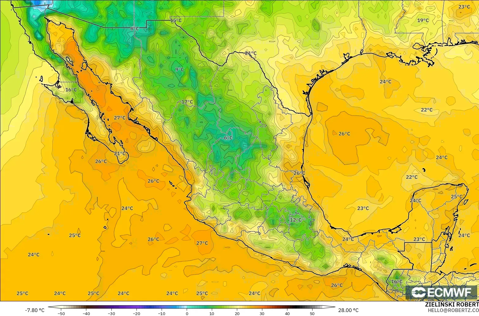 ECMWF IFS 0,25° modelo - México, Ponto de orvalho a 2 m