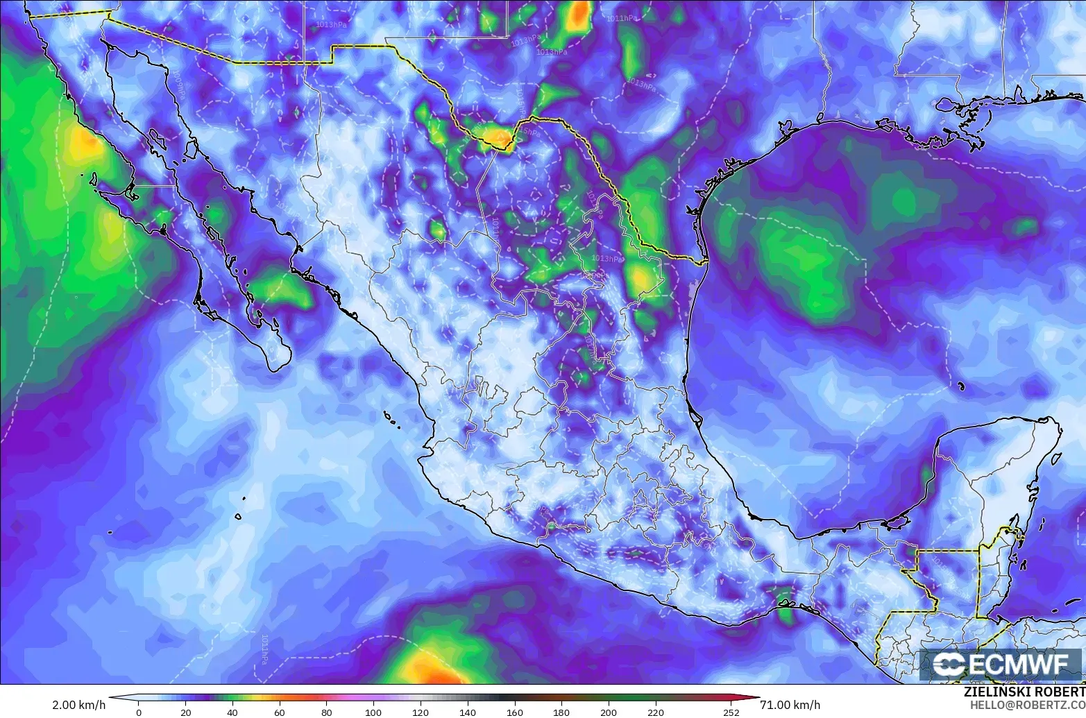 ECMWF IFS 0,25° modelo - México, Rajadas de Vento Máximas