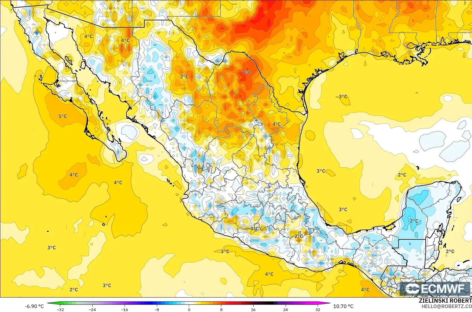 ECMWF IFS 0,25° modelo - México, Anomalia de temperatura a 2 m