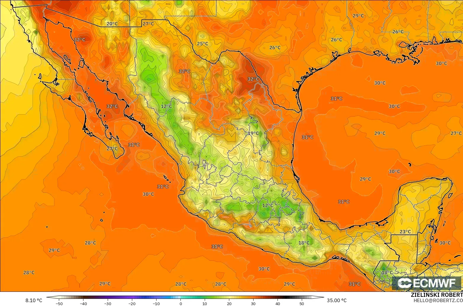 ECMWF IFS 0,25° modelo - México, Temperatura a 2 m
