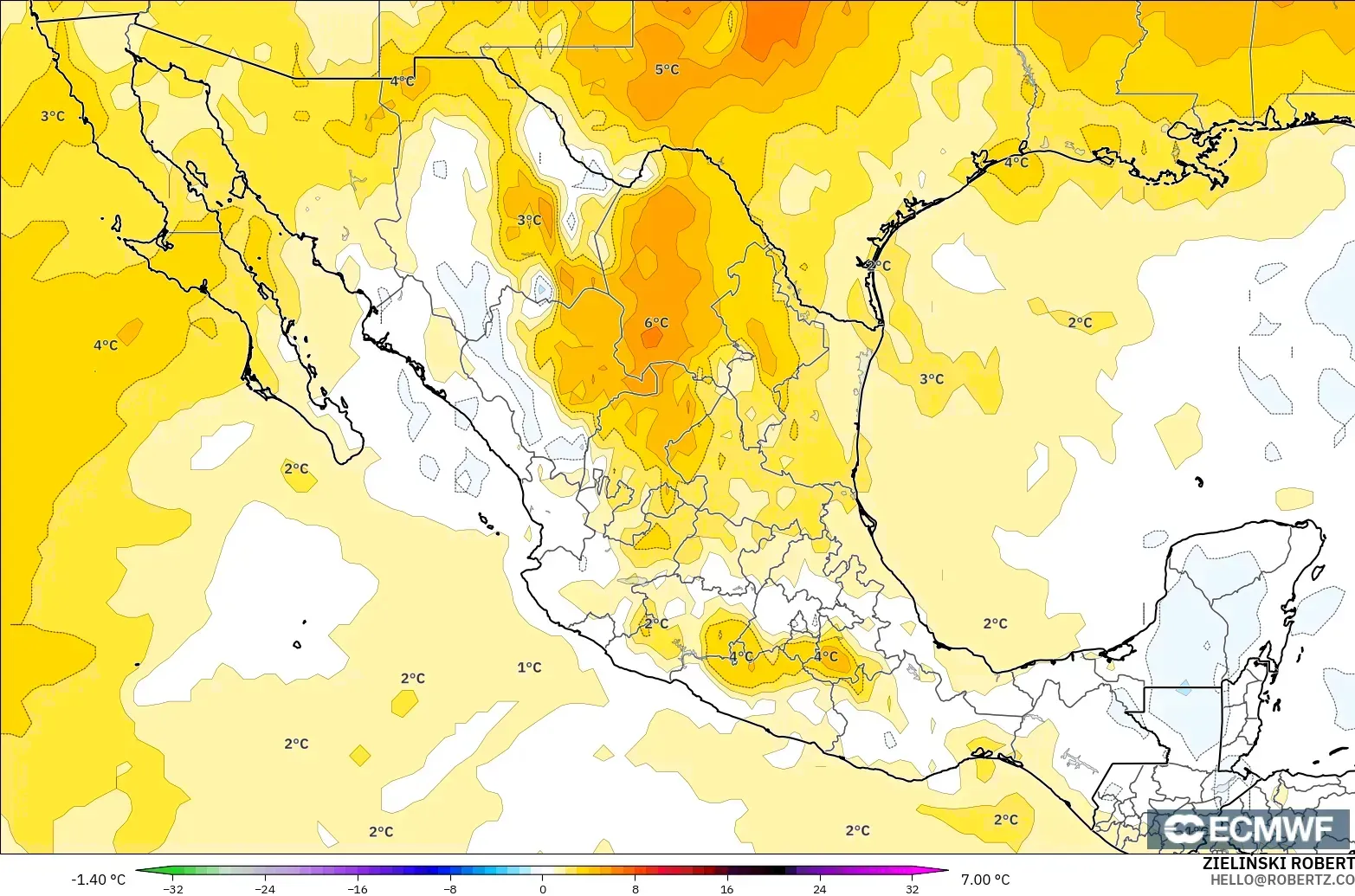 ECMWF IFS 0,25° modelo - México, Anomalia de temperatura a 850 hPa