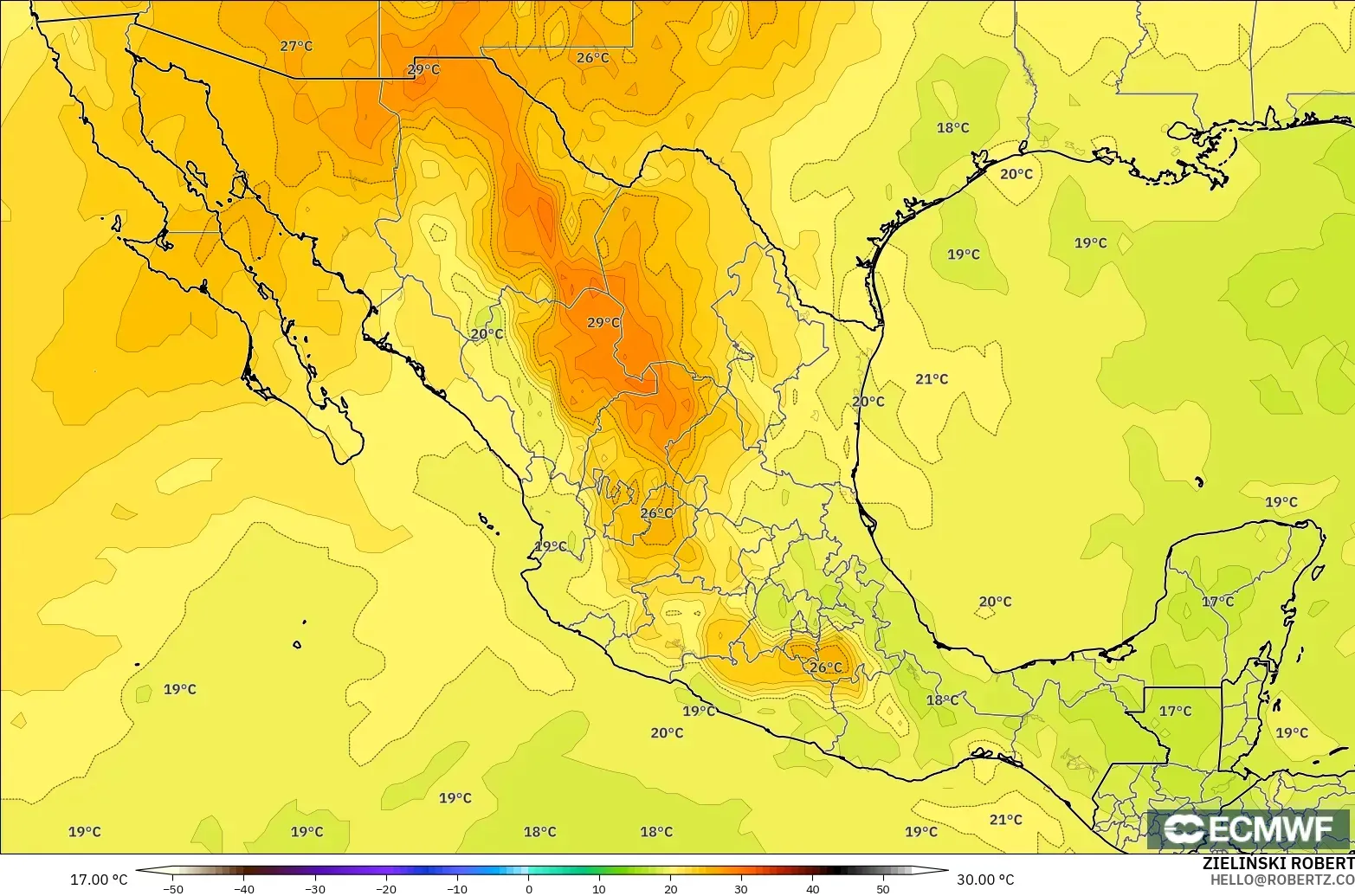 ECMWF IFS 0,25° modelo - México, Temperatura a 850 hPa