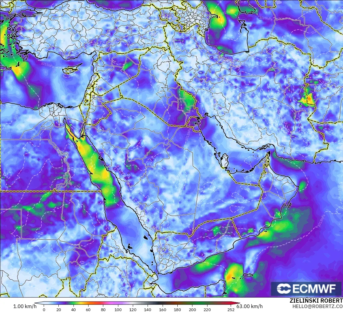 ECMWF IFS 0,25° modelo - Oriente Médio, Rajadas de vento