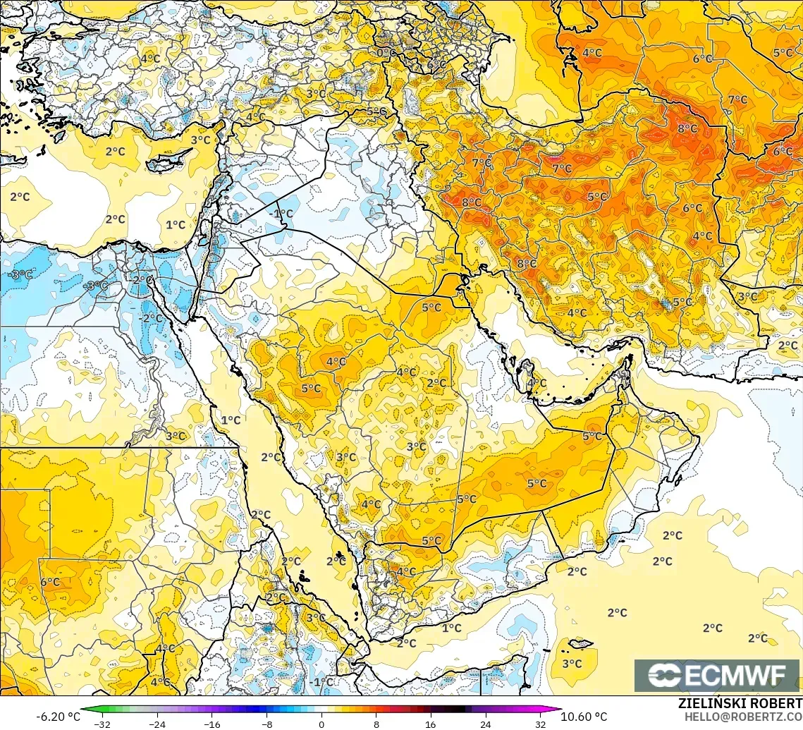ECMWF IFS 0,25° modelo - Oriente Médio, Anomalia de temperatura a 2 m