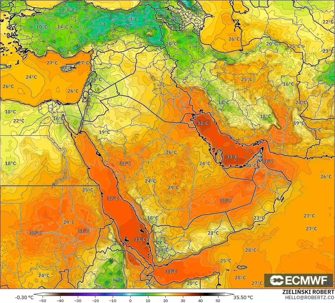 ECMWF IFS 0,25° modelo - Oriente Médio, Temperatura a 2 m