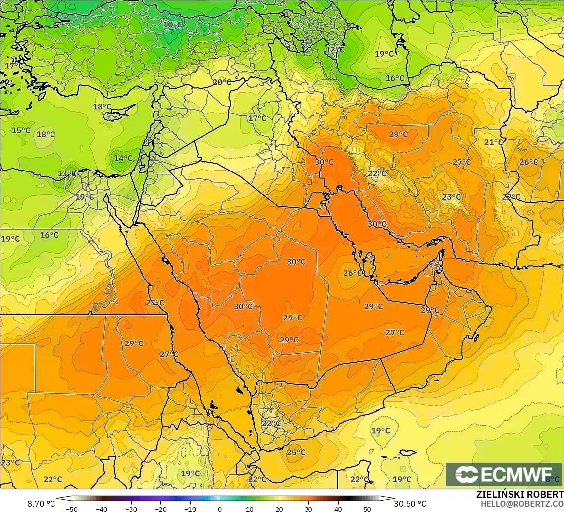 ECMWF IFS 0,25° modelo - Oriente Médio, Temperatura a 850 hPa
