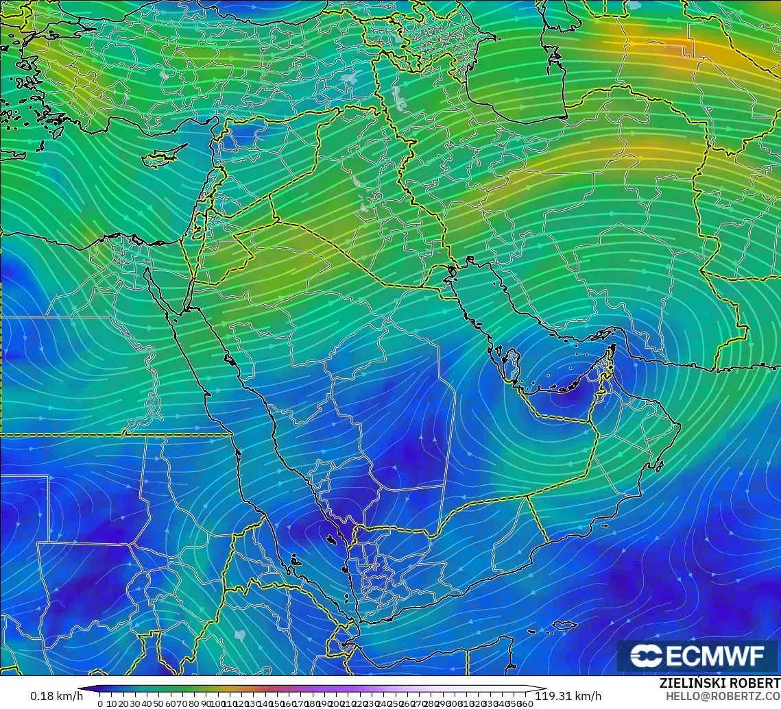 ECMWF IFS 0,25° modelo - Oriente Médio, Vento a 300 hPa (corrente em jato)