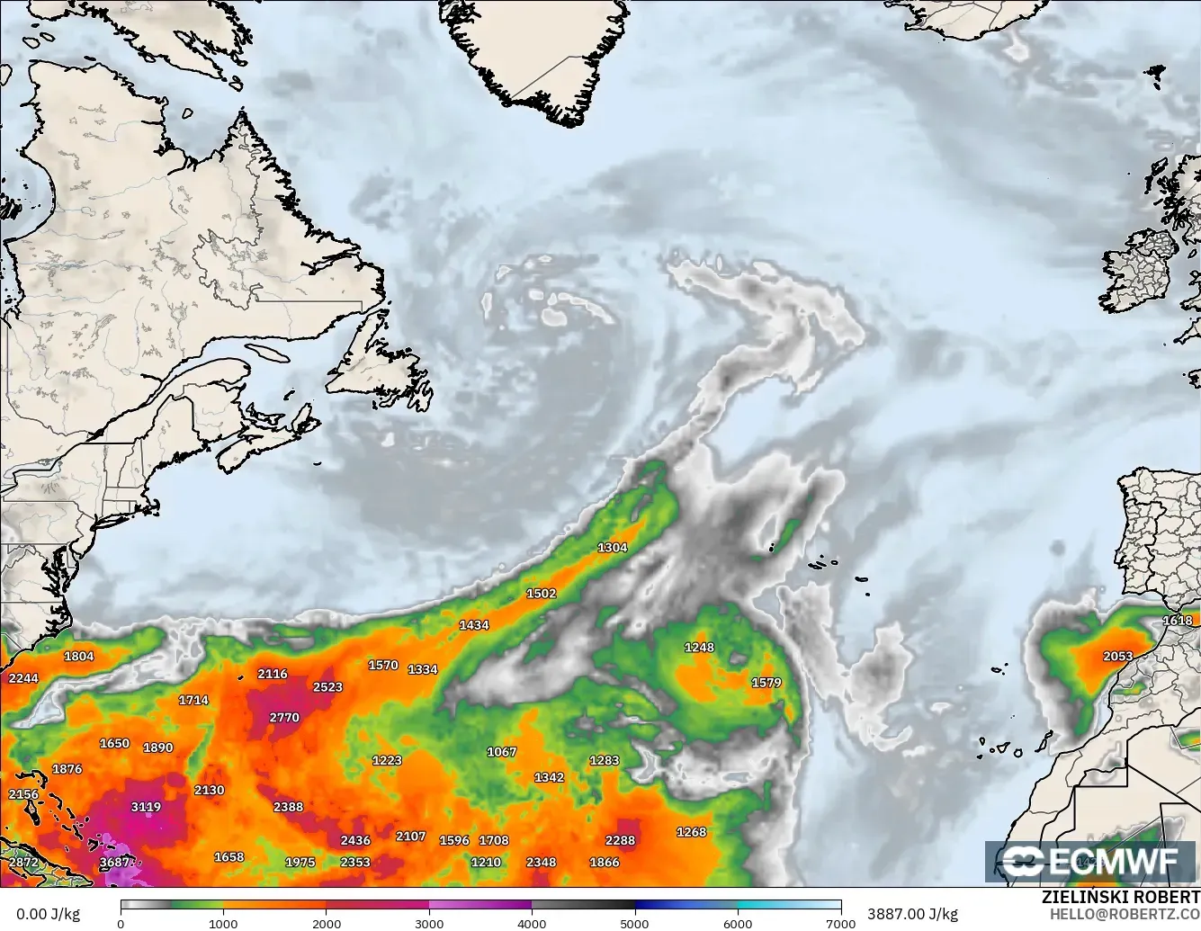 ECMWF IFS 0,25° modelo - Atlântico Norte, CAPE