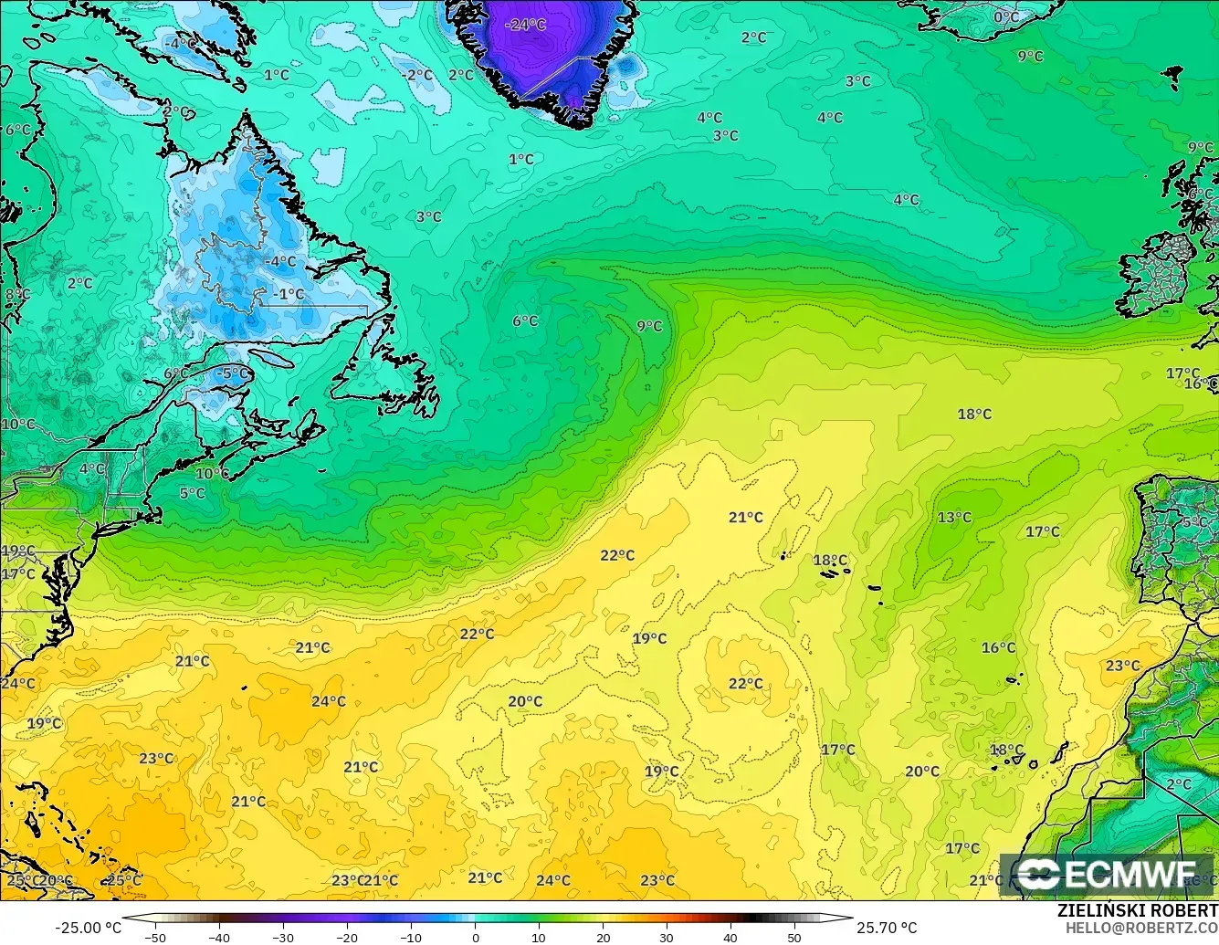 ECMWF IFS 0,25° modelo - Atlântico Norte, Ponto de orvalho a 2 m