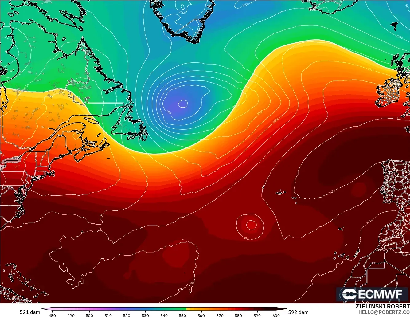 ECMWF IFS 0,25° modelo - Atlântico Norte, Altura geopotencial a 500 hPa