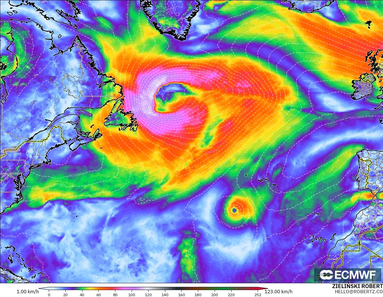 ECMWF IFS 0,25° modelo - Atlântico Norte, Rajadas de Vento Máximas