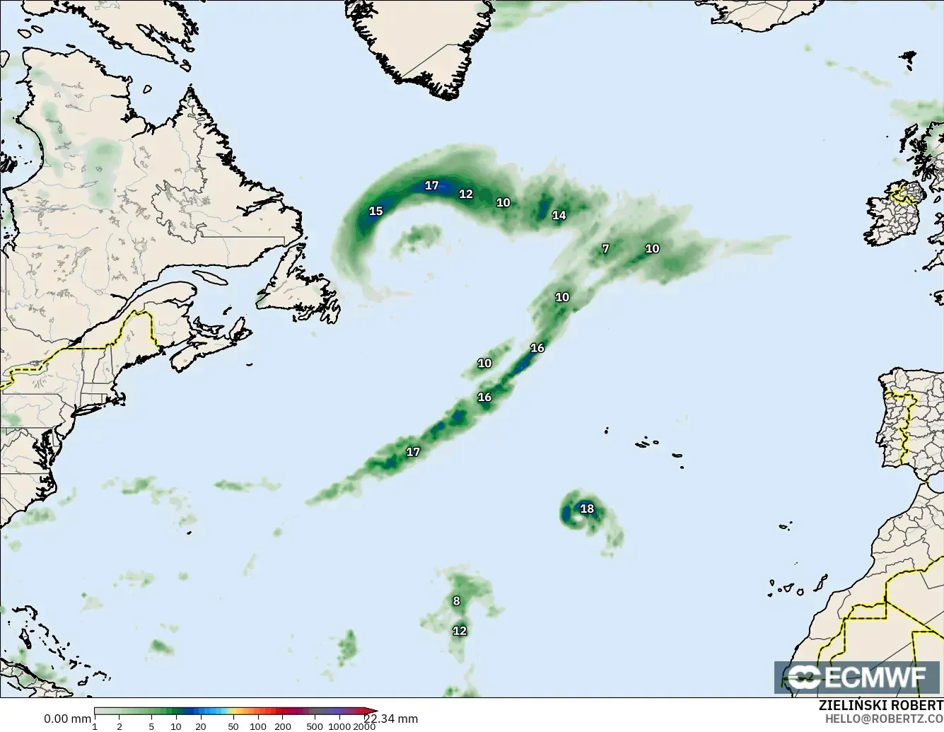 ECMWF IFS 0,25° modelo - Atlântico Norte, Acúmulo de precipitação