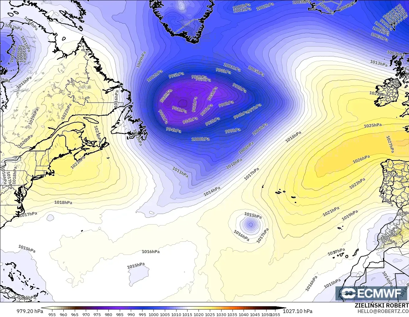 ECMWF IFS 0,25° modelo - Atlântico Norte, Pressão