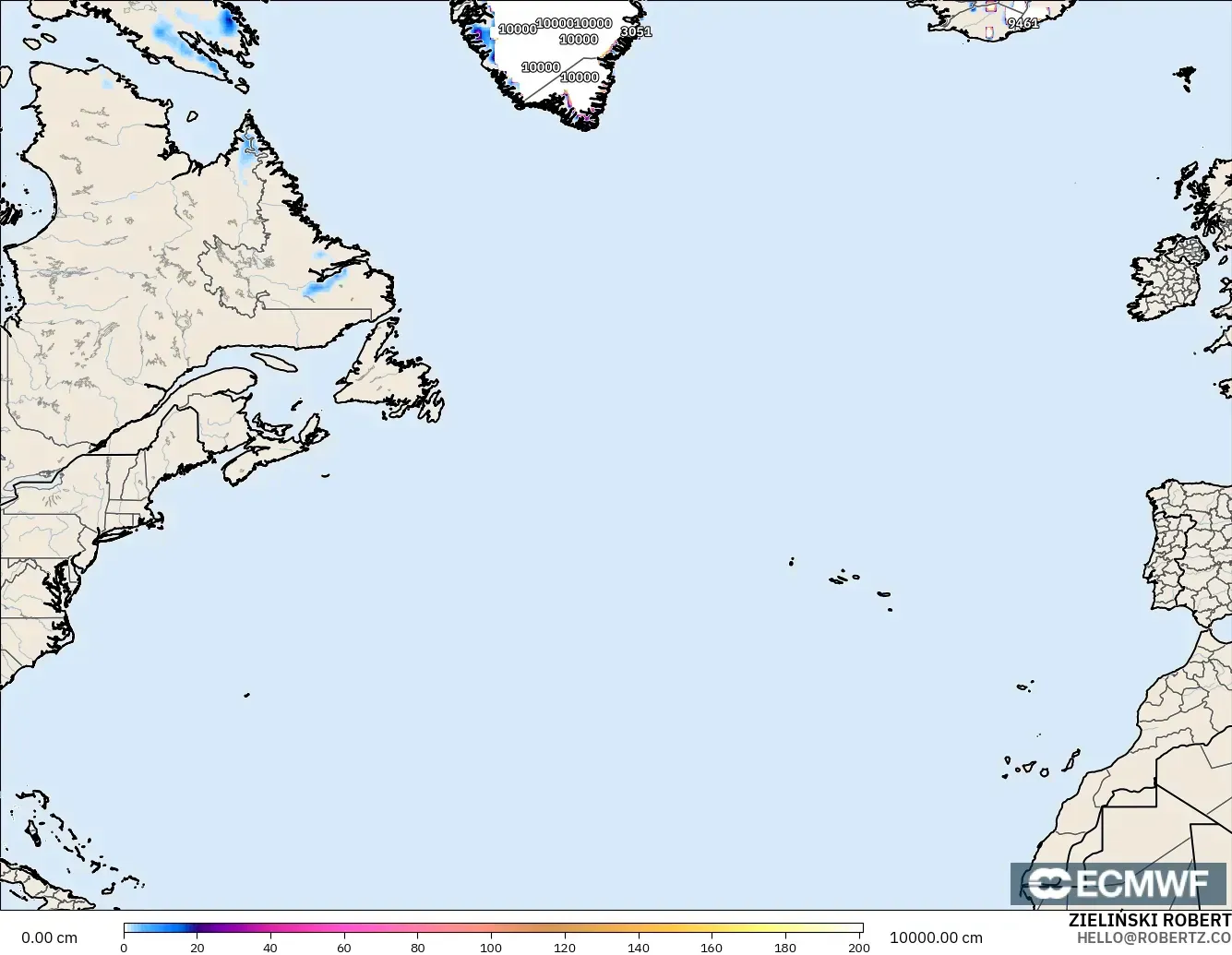 ECMWF IFS 0,25° modelo - Atlântico Norte, Profundidade da neve