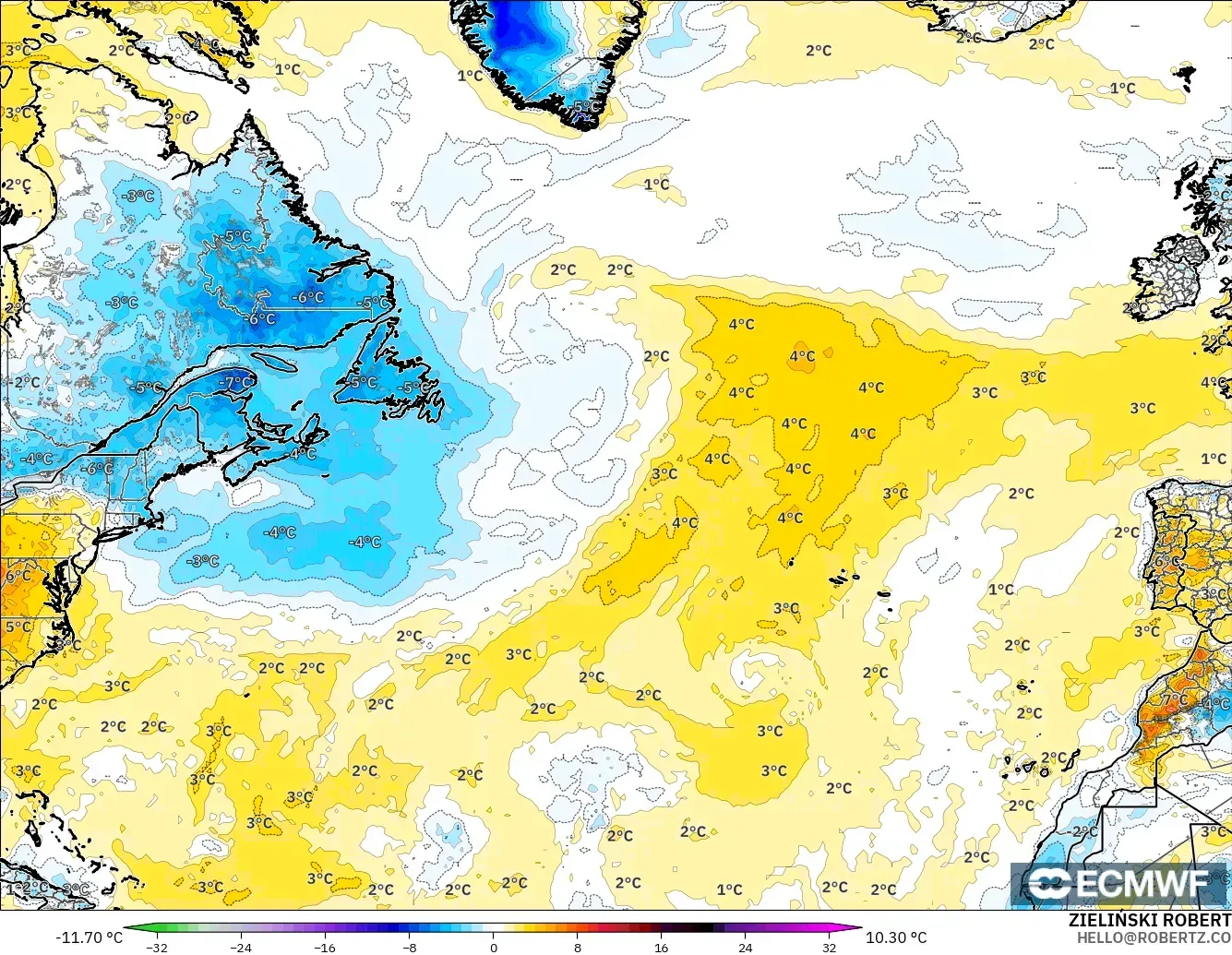 ECMWF IFS 0,25° modelo - Atlântico Norte, Anomalia de temperatura a 2 m