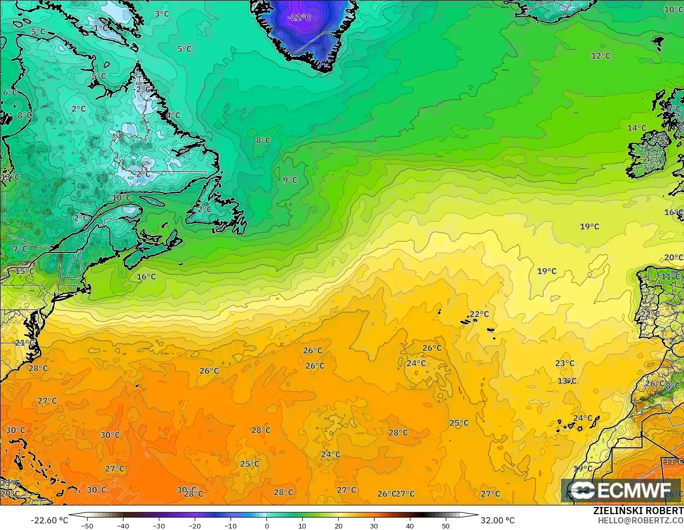 ECMWF IFS 0,25° modelo - Atlântico Norte, Temperatura a 2 m