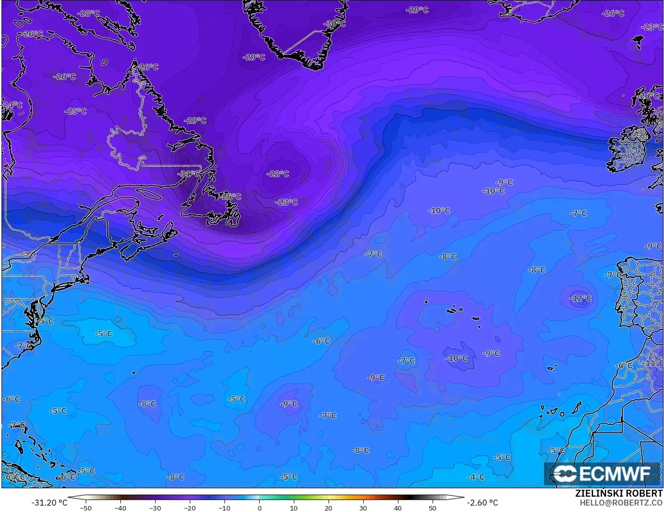 ECMWF IFS 0,25° modelo - Atlântico Norte, Temperatura a 500 hPa