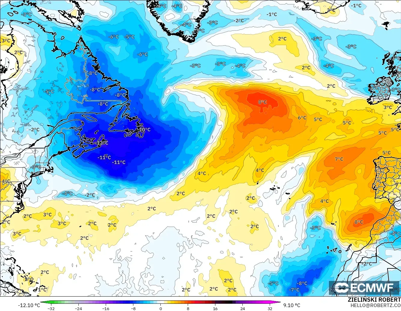 ECMWF IFS 0,25° modelo - Atlântico Norte, Anomalia de temperatura a 850 hPa