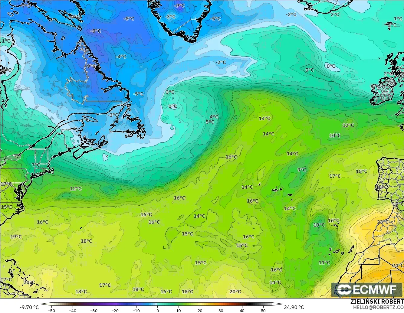 ECMWF IFS 0,25° modelo - Atlântico Norte, Temperatura a 850 hPa