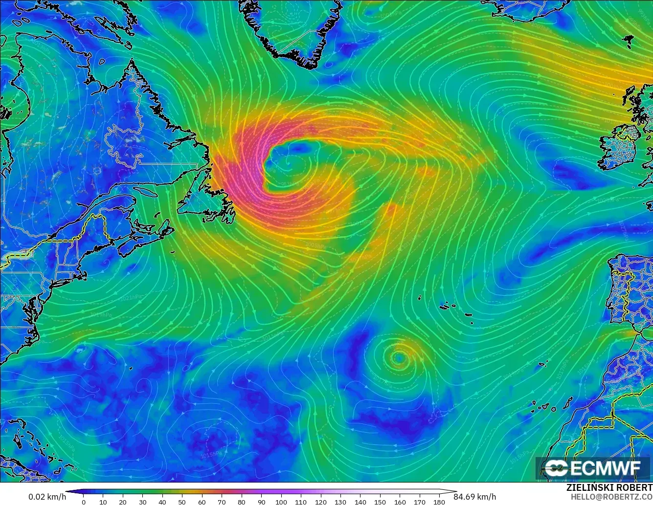 ECMWF IFS 0,25° modelo - Atlântico Norte, Vento a 10 m