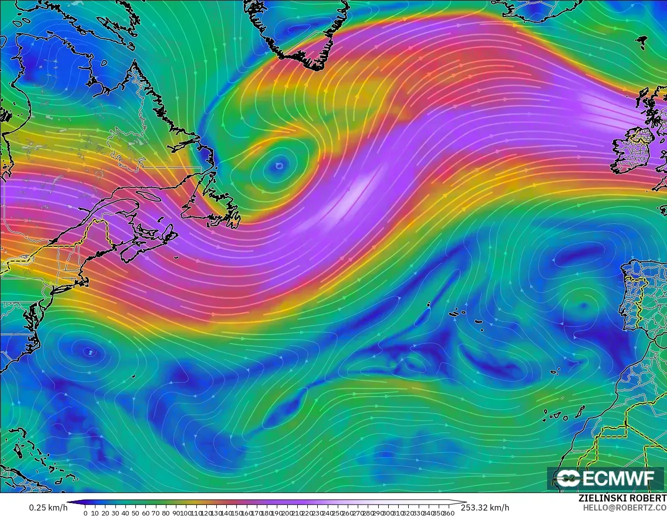 ECMWF IFS 0,25° modelo - Atlântico Norte, Vento a 300 hPa (corrente em jato)