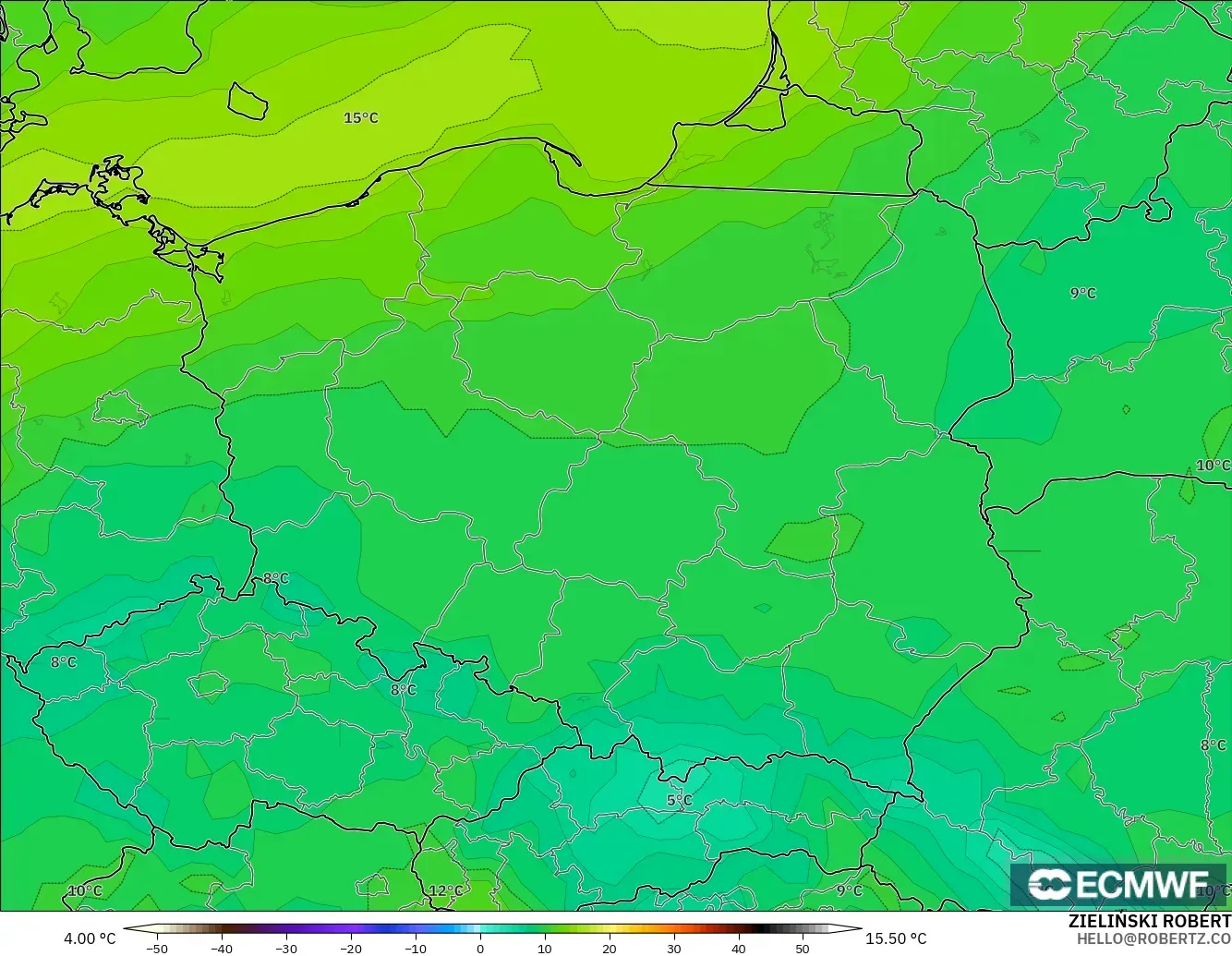 ECMWF IFS 0,25° modelo - Polônia, Ponto de orvalho a 2 m