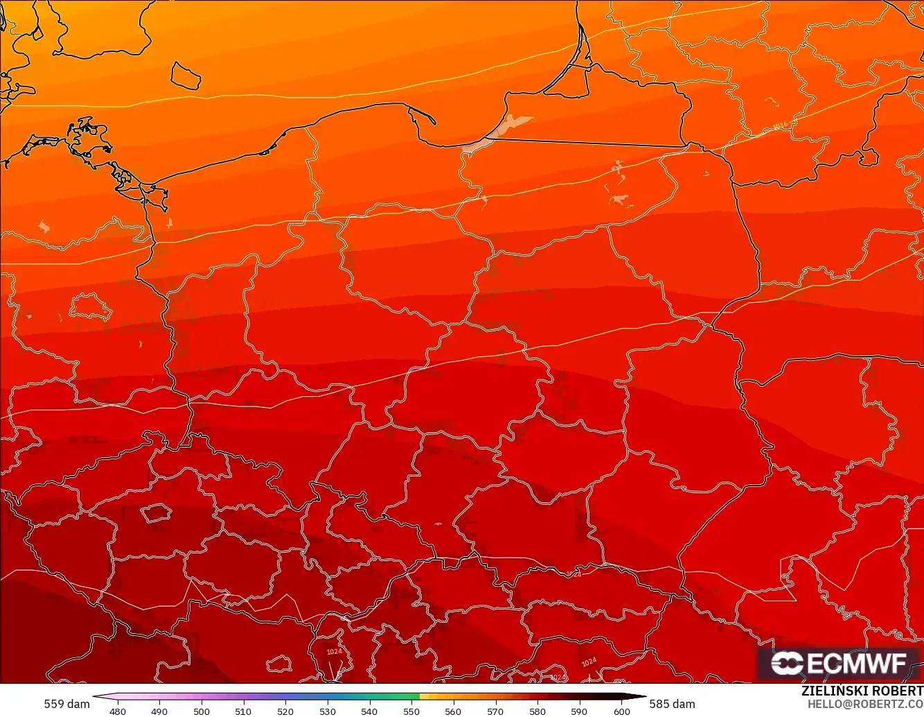 ECMWF IFS 0,25° modelo - Polônia, Altura geopotencial a 500 hPa