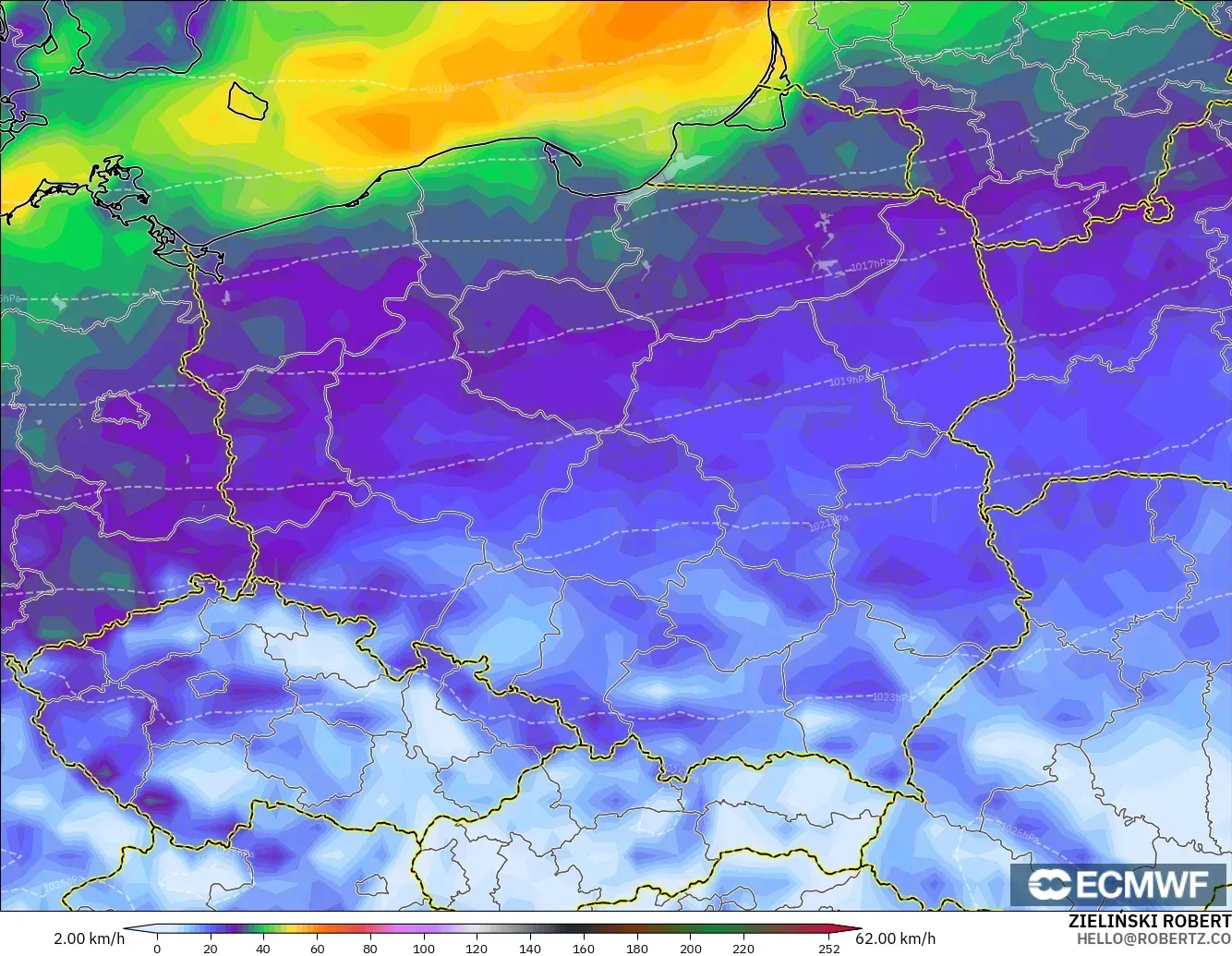 ECMWF IFS 0,25° modelo - Polônia, Rajadas de Vento Máximas