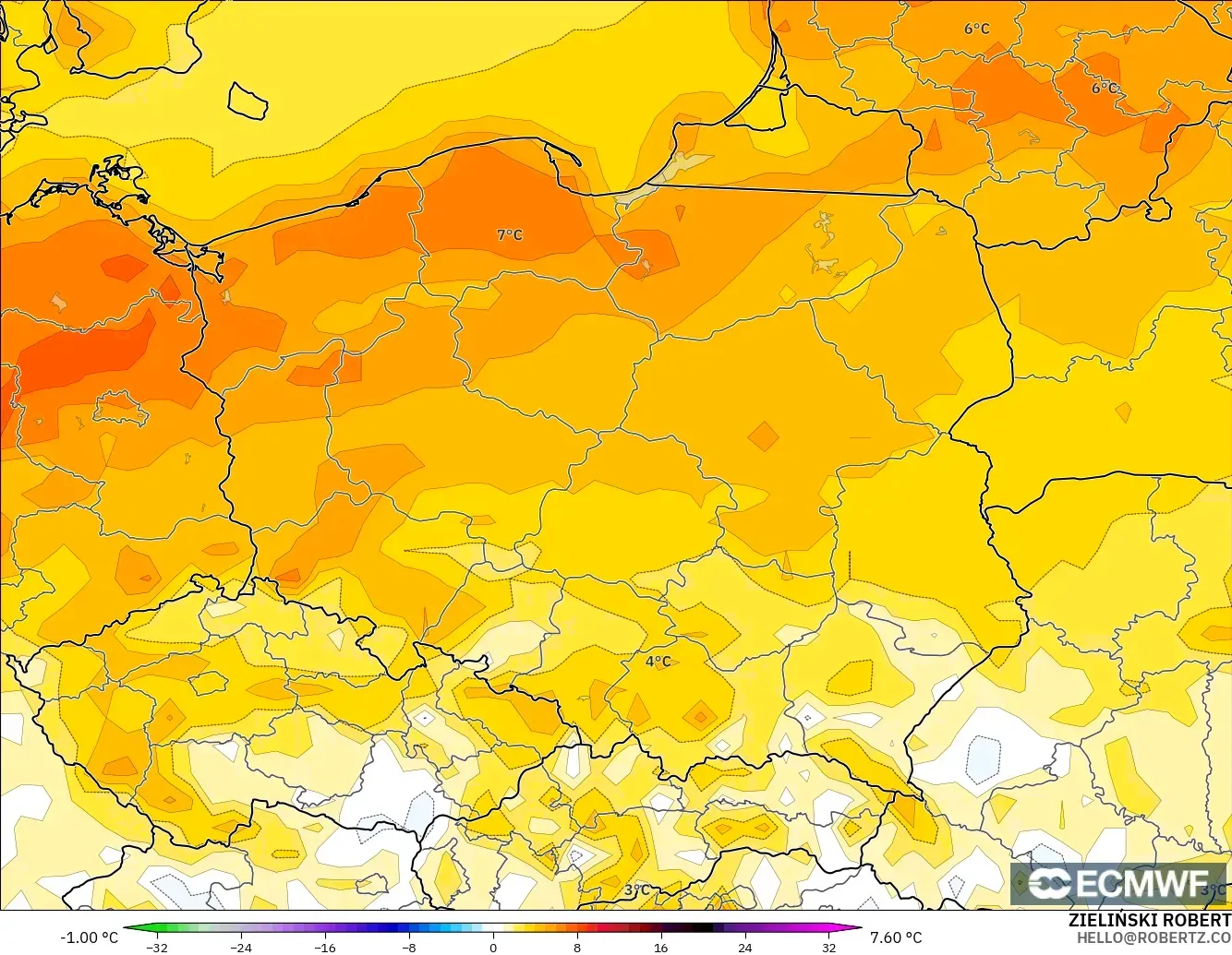 ECMWF IFS 0,25° modelo - Polônia, Anomalia de temperatura a 2 m
